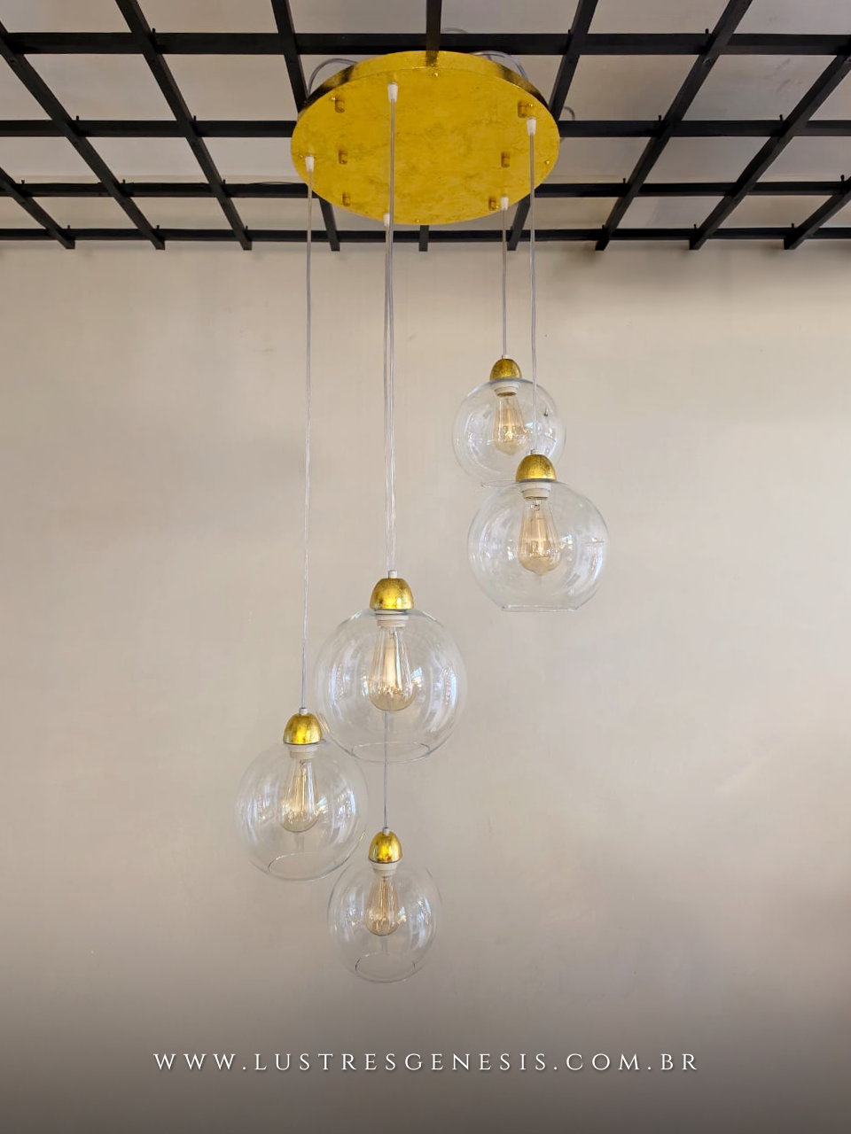 Lustre Sarvah Contemporaneo Globo de Vidro Transparente Dourado Folhado a Ouro, Mesa Sala de Jantar, Living, Hall de Entrada